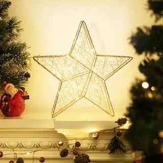 Lewondr Tischlampe, Dekorativ LED Sterne Deko Weihnachten Nachttischlampe mit Eisendraht Batteriebetrieb Tischdeko Weihnachtsbeleuchtung Fenster Sterne Weihnachten Schlafzimmer Zuhause Büro, Gold