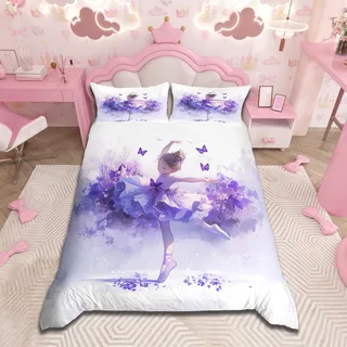 Loussiesd Ballett Bettwäsche Mädchen 135x200cm Rosa Kleine Ballerina Tänzerin für Kinder Nettes Betten Prinzessin Lila Bettbezug