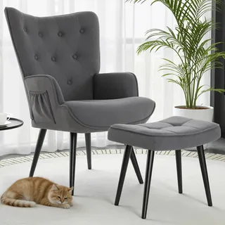 Clevich Ohrensessel - Gemütlicher Loungesessel mit Hocker, Lesesesselaus, Chenille Armchair für Wohnzimmer & Schlafzimmer - Bis 168kg, Grau