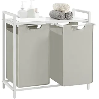VASAGLE Wäschekorb 2 Fächer, Wäschesammler mit Ablage, Wäschebox, Wäschesack aus Oxford-Gewebe abnehmbar, Metallrahmen, 2 x 46 L, 73 x 33 x 72 cm, cremeweiß-mattweiß BLH201W01