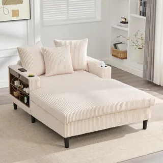 LVHOM Schlafsofa mit LED & USB, Chaiselongue mit Becherhalter & Stauraum, großes Einzelsofa bis 300kg belastbar, inkl. 3 Kissen, 129x170cm, Beige - Beige