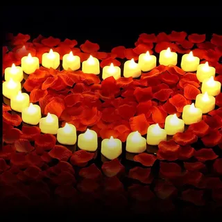 GOMETY 24 Stück Herz Form LED Teelichter, 1000 Stück Künstliche Gefälschte Rosenblätter und 24 Herzförmige Flammenlose LED Teelicht für Hochzeiten Valentinstag, Heiratsantrag Deko (warmweiß)