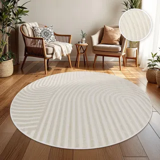 TT Home In-& Outdoorteppich Wetterfest Balkon Schlafzimmer Boho Skandi Motiv Unifarben Geometrische Optik Moderner Style Größe 120 cm Rund - Creme