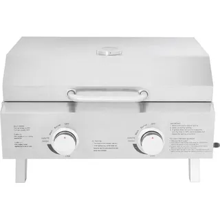 Klappbarer Gasgrill mit 2 Brennern - Tragbarer BBQ-Grill aus Edelstahl - Mit Gasdruckregler - Silber