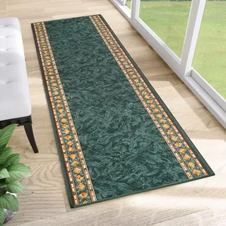 TAPISO Anti Rutsch Teppich Läufer rutschfest Brücke Meterware Grün Gelb Ornament Design Meliert Flur Küche Wohnzimmer 120 x 200 cm