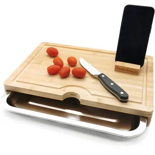 HaushaltsFuchs® Premium 100% FSC® Bambus Schneidebrett mit Auffangschale, Handyhalterung & Saftrille - Küchenbrett Holz mit Edelstahl Auffangbehälter - Brett mit Wanne/Schale (rutschfest)