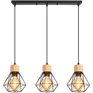 TOKIUS Pendelleuchte Vintage Industrial 16CM Hängelampe mit Geometrischem Design E27 Lampe aus Holz Eisen Käfig Lampenschirm Schwarz Hängeleuchte für Esstisch Küche (Pendellampe 3-flammig, Balken)