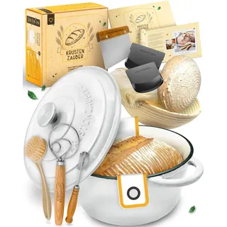 Gusseisen Topf Brot Backen emailliert im XXL Set - Brotbackform mit Deckel inkl Gärkorb, Schneebesen, Bäckermesser, Teigschaber, Brotschlinge etc. Perfektes Brotbacktopf Set für Anfänger