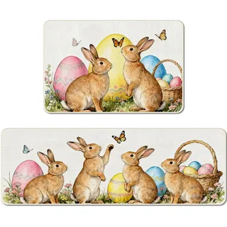 Osterdeko Fußmatte für Innen & Außen, 2 Stück Ostern Fußmatte Willkommensmatte, Frühling Frohe Ostern Häschen Teppich Rutschfest Küchenteppich für Osterdeko Heimdeko Oster Party Hochzeit Deko (D)