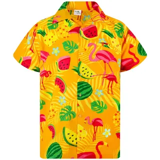 King Kameha Funky Hawaii-Hemd, Herren, Kurzarm, Flamingo-Melon, Gelb, S