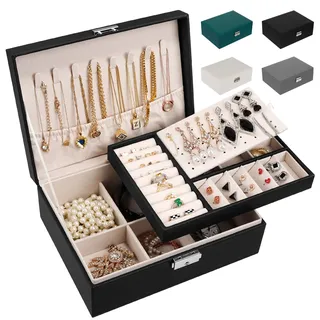 LUZOON Schmuckschatulle Schmuckkästchen für Damen, 2 Schich Schmuckaufbewahrung Mädchen Schmuckkasten Schmuckbox PU Leder Schmuck Groß für Ringe, Ohrringe, Halskette (Schwarz)