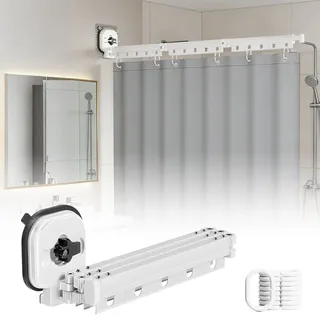 Faltbare Duschvorhangstange mit Saugnapf, Duschvorhangstange ohne Bohren, Wasserdicht Duschvorhang mit Stange, Wandmontage L/U Form Duschvorhang Stange für Ecke/Badewanne (Weiß, 3-Segment)