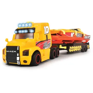 DICKIE Toys – Sea Race Truck – Schwertransporter, großer LKW mit Anhänger und Boot, mit Licht und Sound, Spielzeug für Kinder ab 3 Jahren, 203747009, Orange
