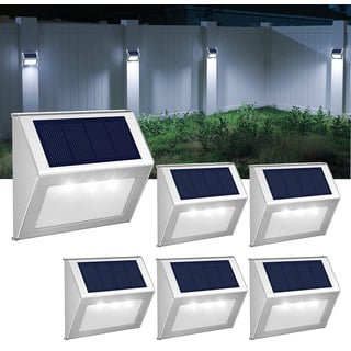 6Stück Solarlampen für Außen Garten Edelstahl, Wasserdichte Solarleuchte für Deko Treppe, Zaun, Balkon, Terrasse, Geländer, Stufen, Pool, Hinterhof (Kaltweiss)