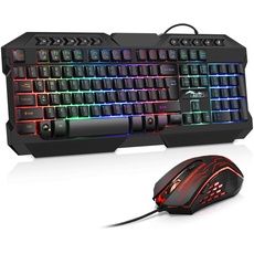 BAKTH Gaming Tastatur und Maus Set, LED Hintergrundbeleuchtung QWERTY US Layout, Regenbogen Farben Beleuchtete USB Wasserdicht Tastatur und Maus mit 3600 DPI für Pro PC Gamer