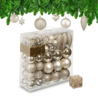Relaxdays Weihnachtskugeln Champagner 110er-Set , Beige , Kunststoff , 8x9x8 cm , Dekoration, Weihnachtsdekoration, Christbaumschmuck