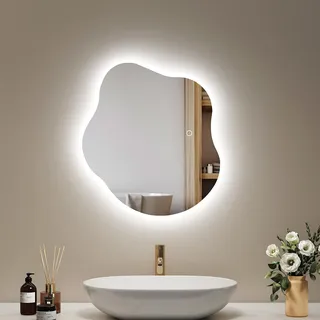 EMKE Badspiegel mit Beleuchtung 50 x 45 cm Asymmetrischer Spiegel mit Touch, 3 Lichtfarben Dimmbar, Beschlagfrei, Badezimmerspiegel mit Beleuchtung IP44 Energiesparend LED Badspiegel