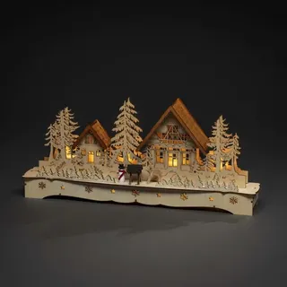 Konstsmide LED-Holzsilhouette Dorf mit Schneemann und Rentier 9 LEDs Warmweiß