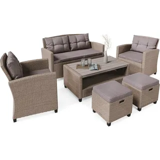 di volio Polyrattan Lounge Gartenmöbel-Set FIRENZE - Lounge Set mit Doppelsofa, 2 Sesseln, 2 Hockern & Tisch - Gartenmöbel-Set in Rattan-Optik, inkl. zwei Fleecedecken - Beige, Braun