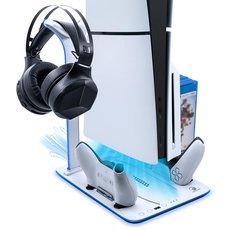 Mcbazel PS5 Slim Ladestation mit kühler und RGB-Licht, 3-stufige Kühler Ladestation mit Gaming-Headset-Halterung, Gaming-Disc-Aufbewahrungszubehör - Weiß