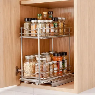 VEVOR Gewürzregal Ausziehbar für Küchenschränke 2 Ebenen 215 x 110 x 265 mm, Gewürzorganizer aus Kohlenstoffstahl für Vorratskammer, Küchenregal zum Ausziehen, Küchenschrank-Organizer Silber
