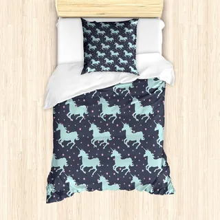 ABAKUHAUS Einhorn Mantele, Unicorn Spot-Sterne, Milbensicher Allergiker geeignet mit Kissenbezügen, 135 cm x 200 cm - 80 x 80 cm, Dunkelblau und Rosa - Rosa