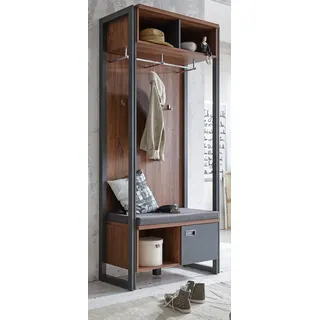 Garderobe "Auburn" Eiche grau Kompaktgarderobe mit Sitzkissen 90 x 202 cm - Naturbelassen, Braun, Grau