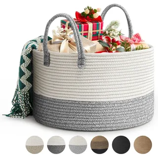 Rieeyrslza Wäschekorb für Decken 32L Geflochten Wäschesammler Baumwolle Seil Korb Faltbare Vielseitiger Aufbewahrungskorb mit Henkel Geeignet für Wohnzimmer und Schlafzimmer (Grau)