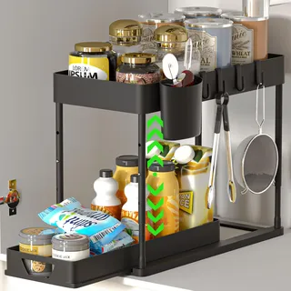 HI NINGER Unter Waschbecken Regal,Anhebbares Küchen Organizer,2 Etagen Gewürzregal Standregal Küche Arbeitsplatte Regal Mehrfunktional Spülschrank küchenschrank organizer für Badezimmer Küche