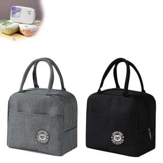 AMONENZ 2 Stück Lunch Bag, Schwarz und Grau Ragbarer Thermo Tasche, Faltbarer Lunchbox Tasche, mit Wärmeisolierender Aluminiumfolie, für Büro, Camping und Reisen
