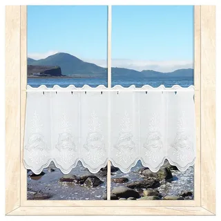 Scheibengardine Delfine Weiß-Grau | blickdichte Badgardine | HxB 40x160 cm | Maritim bestickte Kurzgardine für eine angenehme Wohnatmosphäre | Vogtländische Stickerei von atelier alles-Spitze