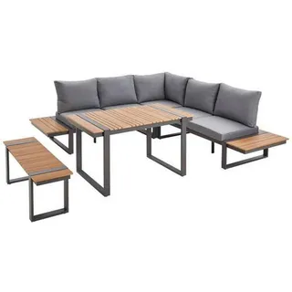 Ambia Garden Dining-Loungeset , Anthrazit, Dunkelgrau, Teakfarben , Metall, Kunststoff, Textil , Füllung: Schaumstoff,Polyester , einzeln stellbar , 240x240 cm , Gartenmöbel, Loungemöbel, Loungegarnituren