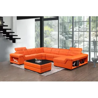 XXL Garnitur Designer Wohnlandschaft Ecksofa Sofa Couch U-Form Tisch Leder Neu - Orange