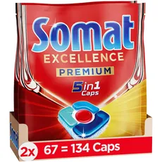 Somat Excellence Premium 5in1 Caps (134 Caps), schnellauflösende Spülmaschinentabs mit Extra Boost, Somat Caps entfernen selbst 72 h eingetrocknete, hartnäckige Essensreste