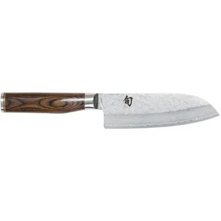 KAI Shun Premier Tim Mälzer Santoku 14 cm Klingenlänge - VG-MAX Kern 61 (±1) HRC, 32 Lagen Damast hochglanzpoliert - Pakkaholz mittelbraun gemasert- Hammerschlagoberfläche - Made in Japan