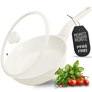 Moritz & Moritz Keramik Pfanne mit Deckel 26cm - frei von PFAS, PFOA & PTFE - Antihaft Bratpfanne 26cm - Schmorpfanne für alle Herdarten geeignet - Ideal zum Braten, Schmoren und Servieren - Beige