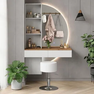 Vicco Schminktisch Melora Weiß/Eiche 100 cm mit LED-Spiegel und Hocker, Model 58450 - Weiß, Braun