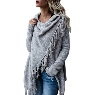 CEASIKERY Damen-Poncho mit Fransen, Pullover, Lange Strickjacke, Strickpullover, Mantel, hellgrau, Groß