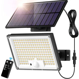 SIGRILL Solarlampen mit Bewegungsmelder 172LED, Solar Strahler IP65 Außenwandleuchte, Gartenleuchten mit 5m Kabel, Solarleuchten für Außen, Garage