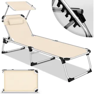 tillvex® Sonnenliege mit Dach und Kopfkissen Beige - Basic Polsterung | Gartenliege Liegestuhl klappbar | Strandliege mit verstellbarer Rückenlehne, Tragegriff, gepolsterte Liegefläche | Aluminium Liege - Beige