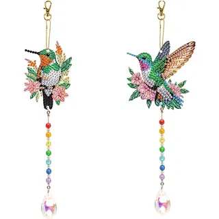 DCIDBEI Diamond Painting Windspiele Draußen 2 Set Fenster Windspiele Klangspiele Vogel Kolibri Garten Deko für Garten Rasen Hof Mutter Geschenke Osterdeko Sonnenfänger Basteln Vögel