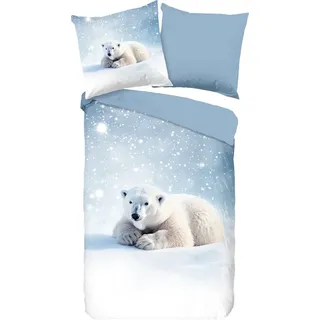 Good Morning Kinderbettwäsche »Esben« 2 Stk. tlg. Flanell, Biber, 135x200, Winter, Warm, Wendeoptik, Kind, Eisbär, Blau, blau