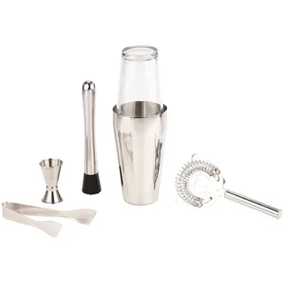 Rosenstein & Söhne Cocktail Set: Boston-Cocktailshaker-Set aus Edelstahl mit Glas, 6-teilig, 0,8 l (Cocktail Shaker, Shaker, Disco)