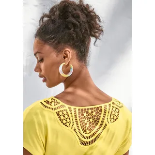 Kurzarmshirt VIVANCE "mit Häkelspitze am Rücken", Damen, Gr. 48/50, gelb, Single Jersey, Obermaterial: 95% Viskose (LENZINGTM ECOVEROTM), 5% Elasthan. Spitze: 100% Baumwolle, unifarben, lässig geschnitten normal, Rundhals, angeschnitten, Shirts Kurzarmshirt, aus weichem Viskose-Stretch, Topseller