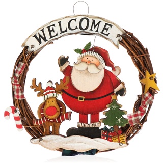 com-four® Weihnachtskranz geflochten - Tür Kranz Welcome für Weihnachten - Weihnachtsdeko zum Hängen - Holzkranz ca. Ø 25 cm (Santa Claus - M)