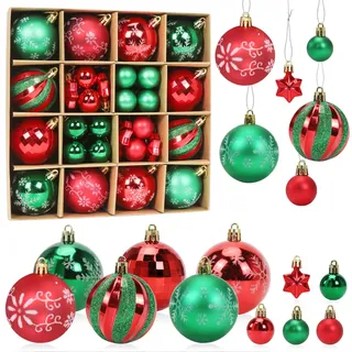 Weihnachtskugeln Rot Grün, 44 Stück Christbaumkugeln Kunststoff Set, Weihnachtsdeko Kugeln Stern, Christbaumschmuck Große & Kleine, Weihnachtsbaumschmuck Weihnachtsbaum Deko