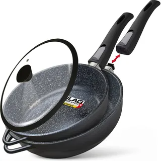 Briebe MGK19S Pfannenset Induktion Abnehmbare Griffe 2-Teilig Pfannen Tiefe 24cm, 28cm Deckel Schwarz