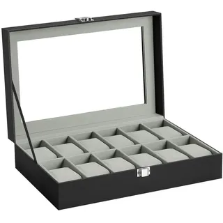 Uhrenbox , Schwarz , Holzwerkstoff, Glas , 30.2x7.8x20.2 cm , Ordnen & Aufbewahren, Schmuckaufbewahrung, Schmuckschatullen