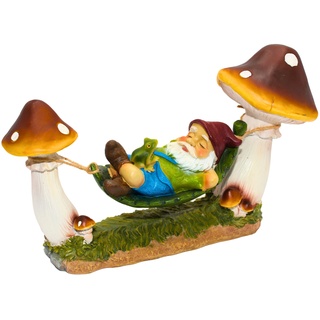 Dekohelden24 Gartenzwerg in Hängematte zwischen Pilzen, mit Frosch, aus Poly, niedliche Deko für Garten, Terrasse oder Balkon, Größe: L/B/H ca. 13 x 38 x 23 cm, bunt, 38 cm