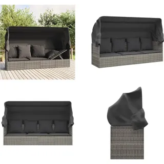 vidaXL Outdoor Loungebett mit Dach und Kissen Grau Poly Rattan - Outdoor Loungebett - Outdoor Loungebetten - Gartenmöbel - Terrassenmöbel - Grau